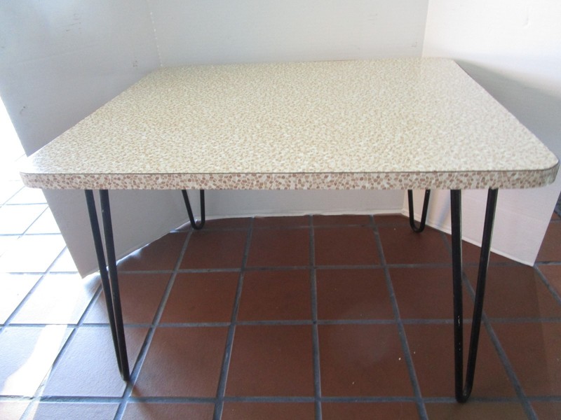 Vintage MCM Table Formica Top Wrought Iron Hairpin Legs 24.1” W side table 1950s