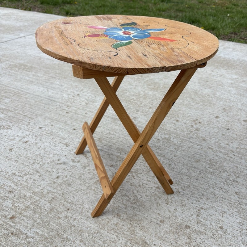 VTG Hand Painted Folding Wood Decorative Round 18" D Side Table Floral Folk Art gallery
