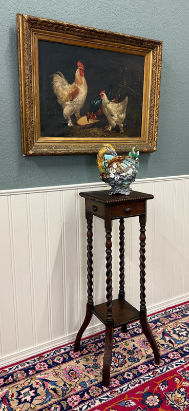 Antique English 4-Post Barley Twist Pedestal Plant Stand Jacobean Oak 39.5″ Tall