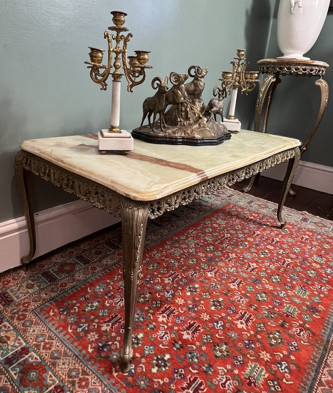 French Louis XVI Style Onyx Marble & Brass Filigree Ormolu Coffee/Centre Table gallery