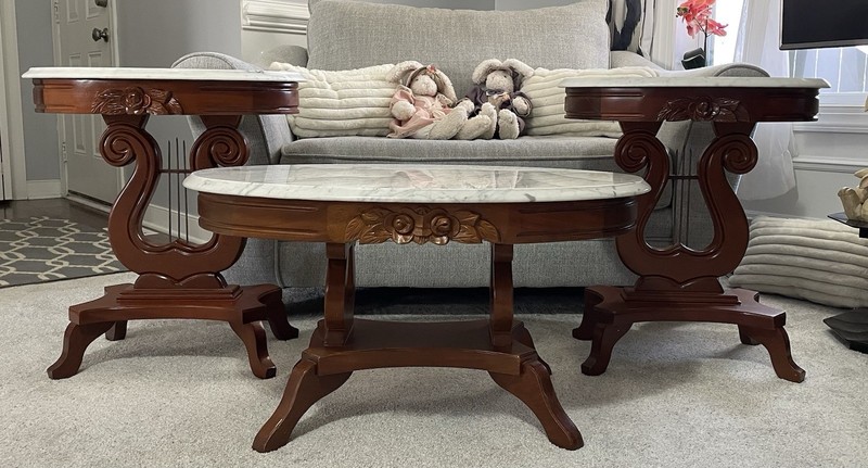 Vintage Victorian Marble Top Tables, Anne Style w/Harp Base Parlor Table Set