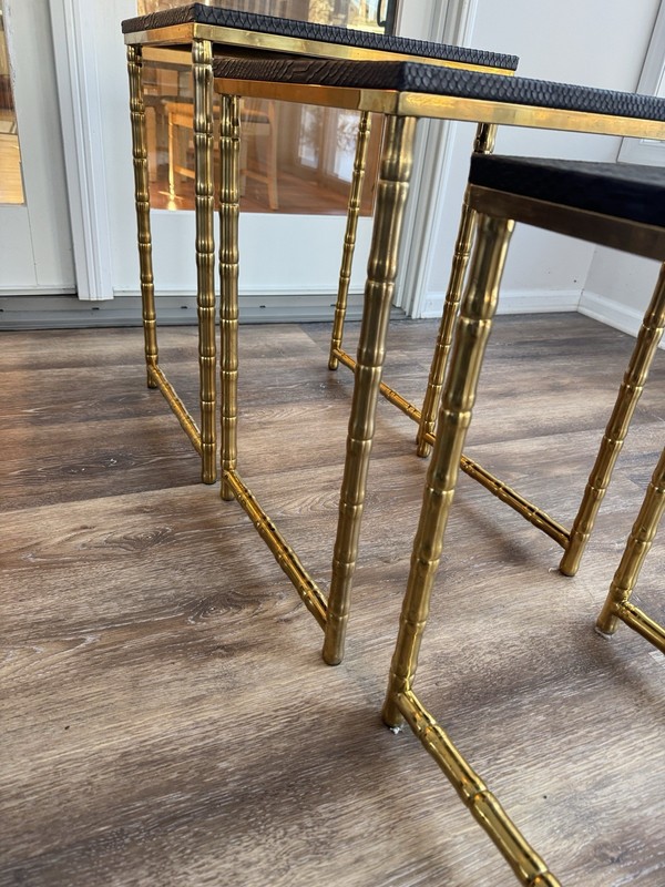 Hollywood Regency Brass Faux Bamboo Nesting Tables With Black Faux Leather~3 Pc gallery