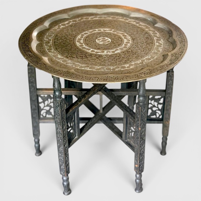 Antique Moorish Moroccan Engraved Brass Tray Table & Carved Wood Base