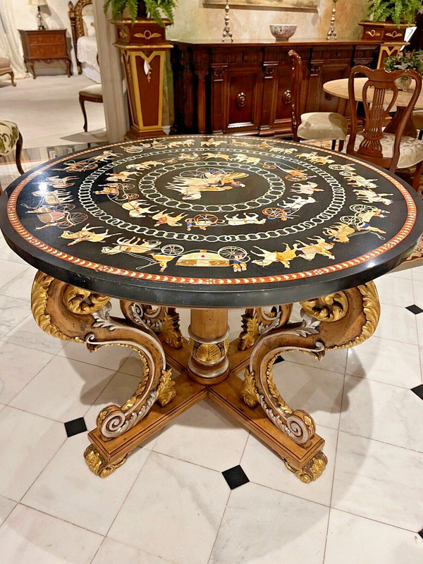 Francesco Molon Round Table With Italian Hand-carved Marble Top and Base gallery
