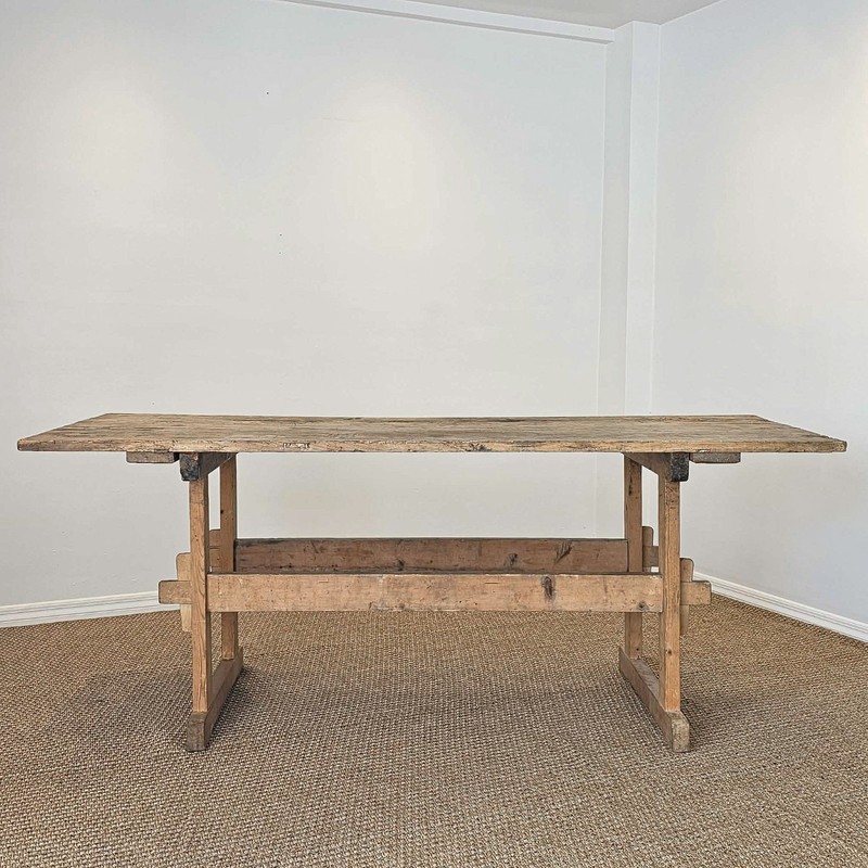 Antique European Pine Trestle Dining Table Farmhouse Kitchen Harvest Refectory gallery
