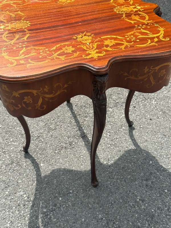 Antique Horner Style Inlaid Parlor Table Victorian Figural Carved 1890 gallery