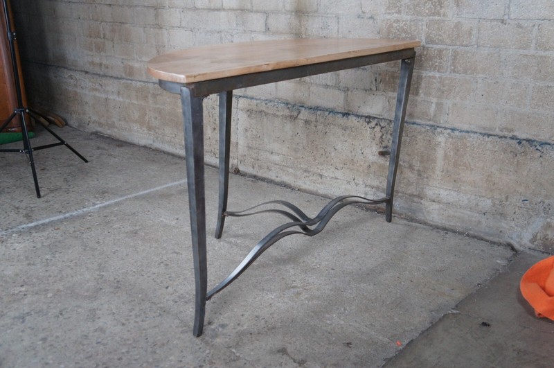 Industrial Reclaimed Rustic Iron Demilune Maple Console Hall Entry Table 46" gallery