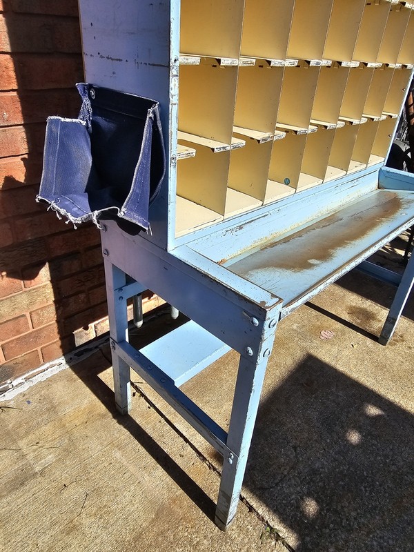 ANTIQUE METAL MAIL POSTAL SORTING DESK PAINTED BLUE FARMHOUSE VINTAGE INDUSTRIAL gallery