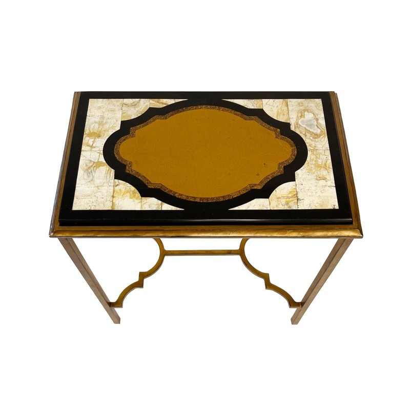 Hollywood Regency Style Gold Accent Table w Solid Marble & Granite Marquetry Top gallery