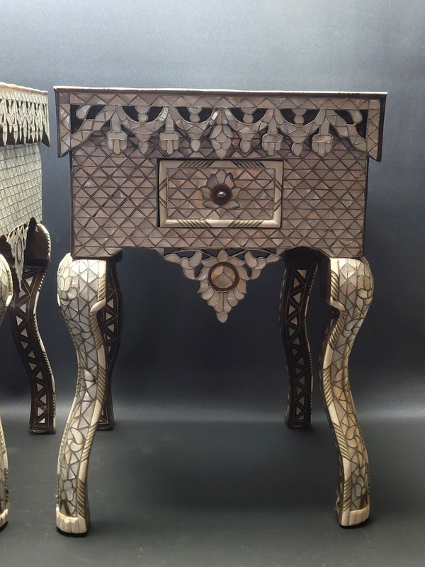Antique Handmade Syrian Style Bedside Tables w/ Mother of Pearl Inlay gallery