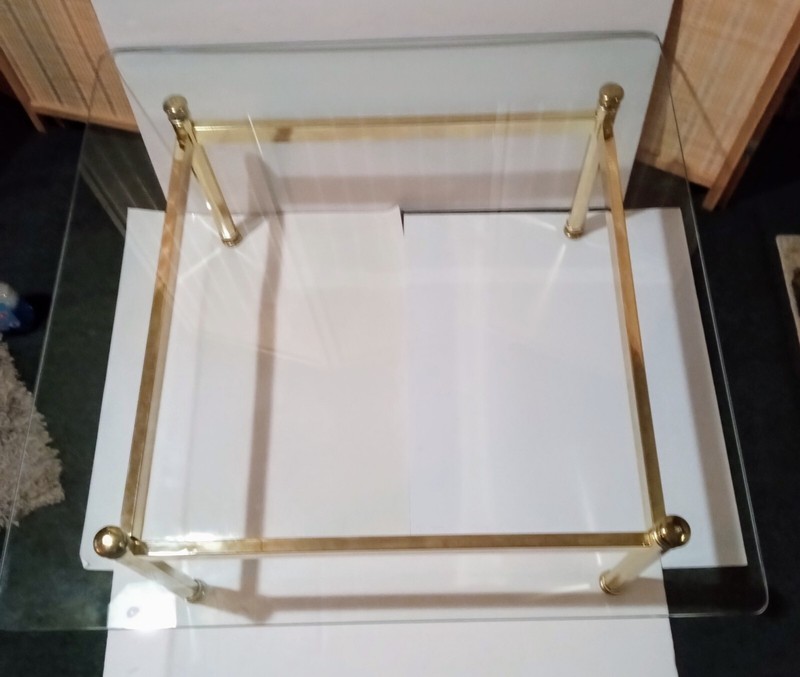 Mid Century Modern Square Coffee Table Gold, Glass Top 3′ x 3′ Hollywood Regency