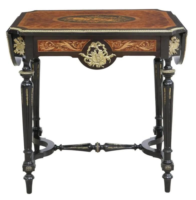 Antique Drop-Side Tables, Near Pair, French Napoleon III, Marquetry, 1800s!! gallery