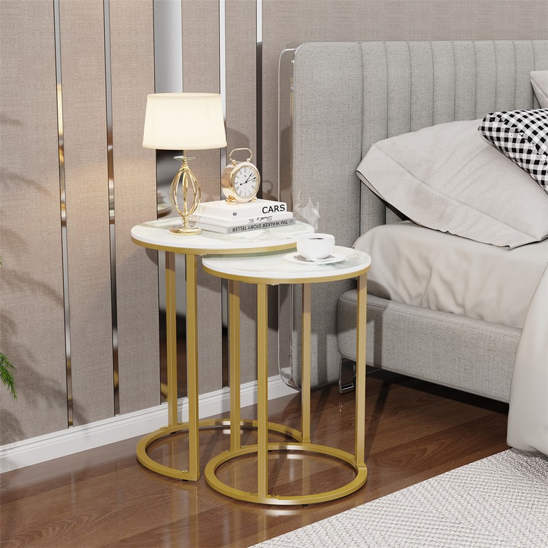 Real Marble 2 Pack Nesting Coffee Side Table Home Tea Desk Round Metal Stacking gallery