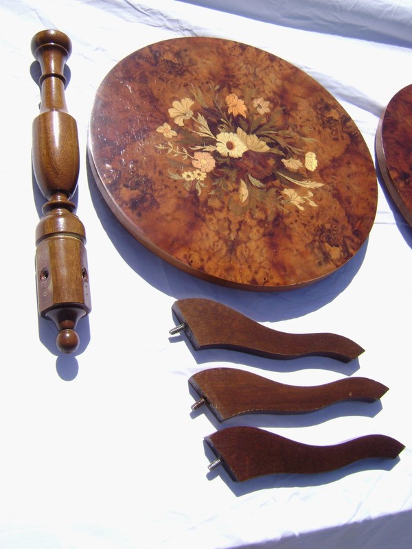 TWO Vintage Italian Marquetry Tables- Floral Inlaid Wood, Round gallery