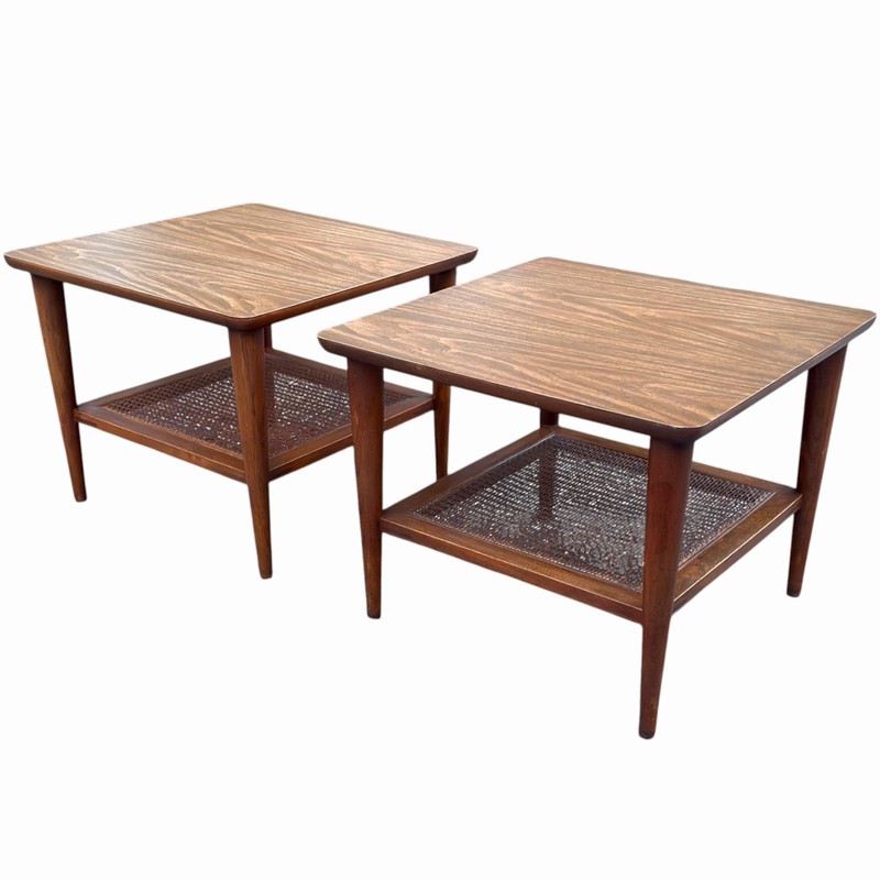 Pair Vintage Lane Mid Century Modern Walnut Formica Cane End Tables 1038-18 MCM gallery
