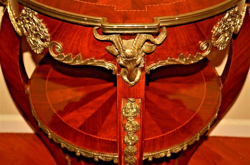 Antique Original Vintage Gilded Bronze Inlaid Mahogany Triple Tier Accent Table gallery