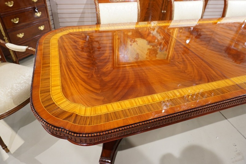 Beautiful 10' Heavy traditional flamed mahogany 2 pedestal formal dining table gallery