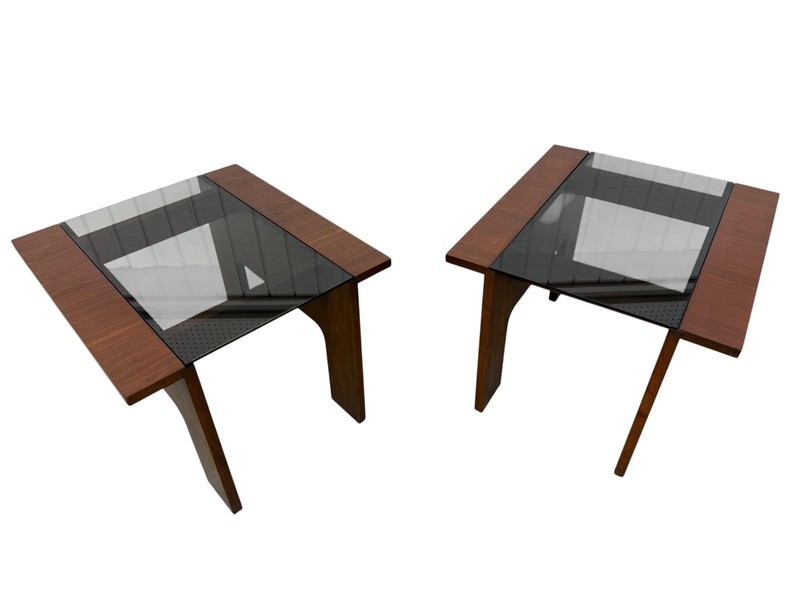 Mid-Century Modern Lane Smoked Glass Walnut Side Tables – Set of 2