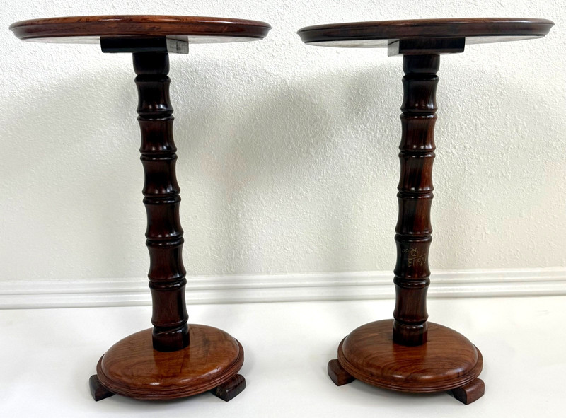 Anglo-Indian Faux Bamboo Rosewood Marquetry Pedestal Stand Table, a Pair gallery
