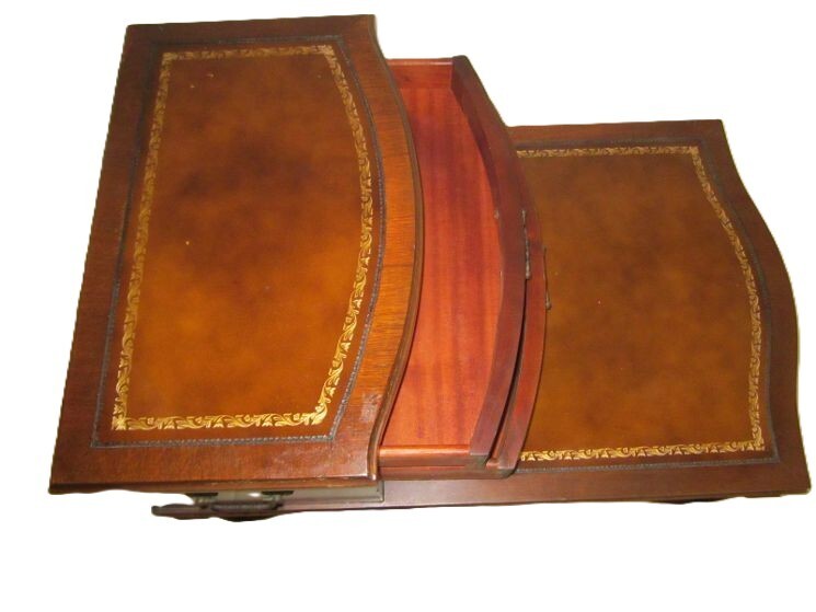 Antique Mahogany Wood Step Back Side Table Leather Inlay Wheels Tiered 2 Drawer gallery