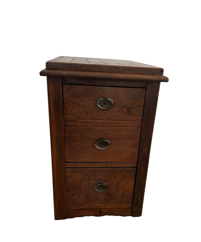Antique Side Table, Nightstand, Three Drawers, Parquet Style Top, Walnut gallery