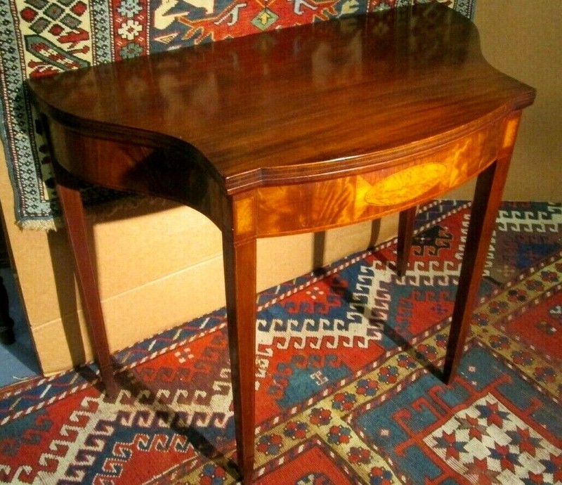 ANTIQUE AMERICAN FEDERAL CARD TABLE W/FIGURED PANELS UNUSUAL FORM CIRCA 1800