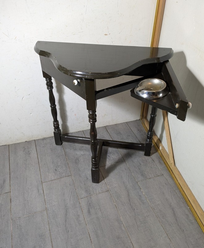 Vintage Rustic Wood Smoking Table Stand w Swing Out Ashtray Shelf Colonial 3-Leg