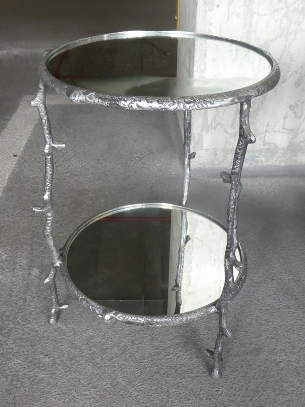 VINTAGE PAIR OF TWO TIER ROUND ALUMINUM TREE BRANCH TABLES gallery