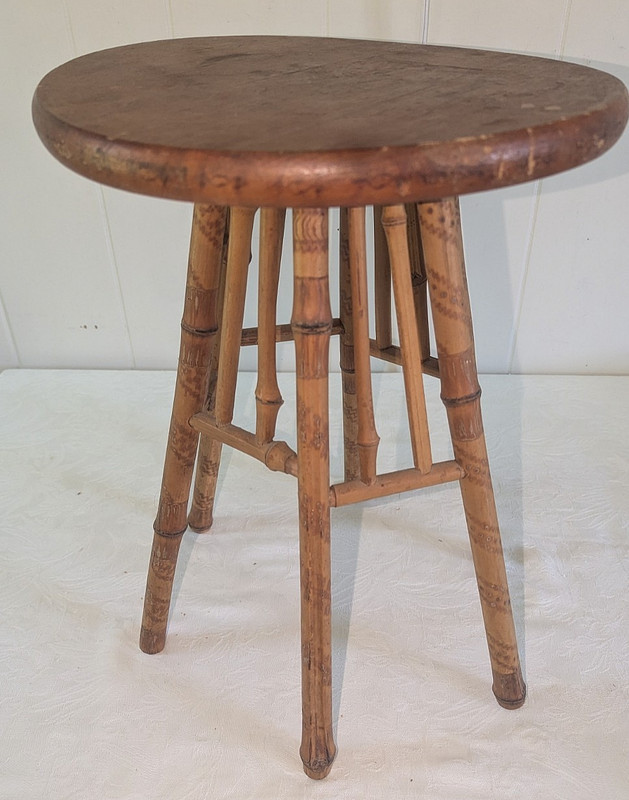 Antique Decorated Folk Art Bamboo Side Table Victorian Aesthetic 16 ” Tall