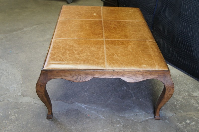 Antique French Country Oak Leather Coffee Cocktail Table Ottoman 58" gallery