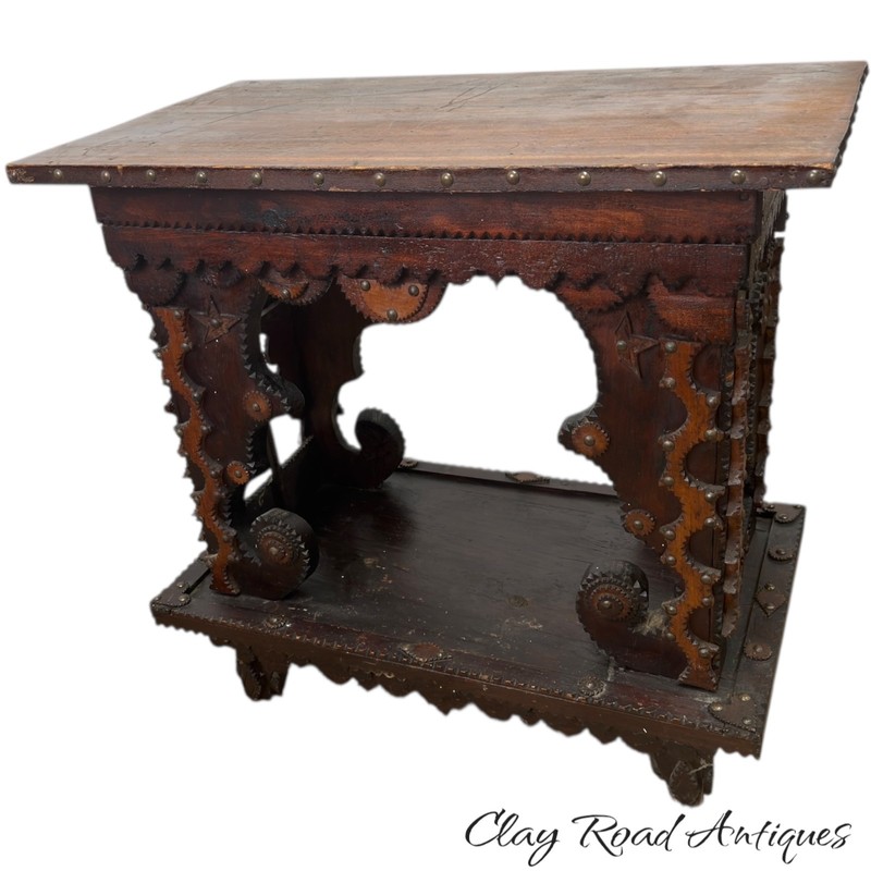Antique chip carved tramp art table side end work table folk art 1890 hearts gallery