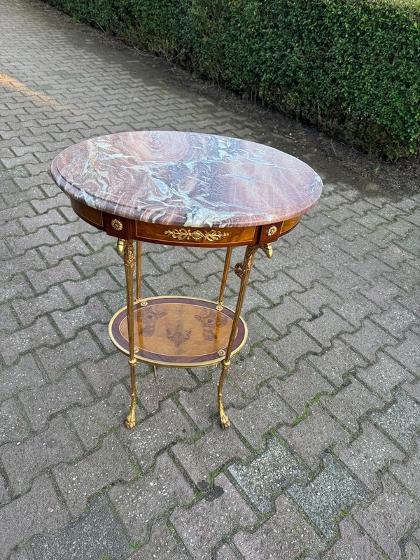 Tables French Louis XVI Mahogany Bronze Marble Oval Side Pair 1980 gallery