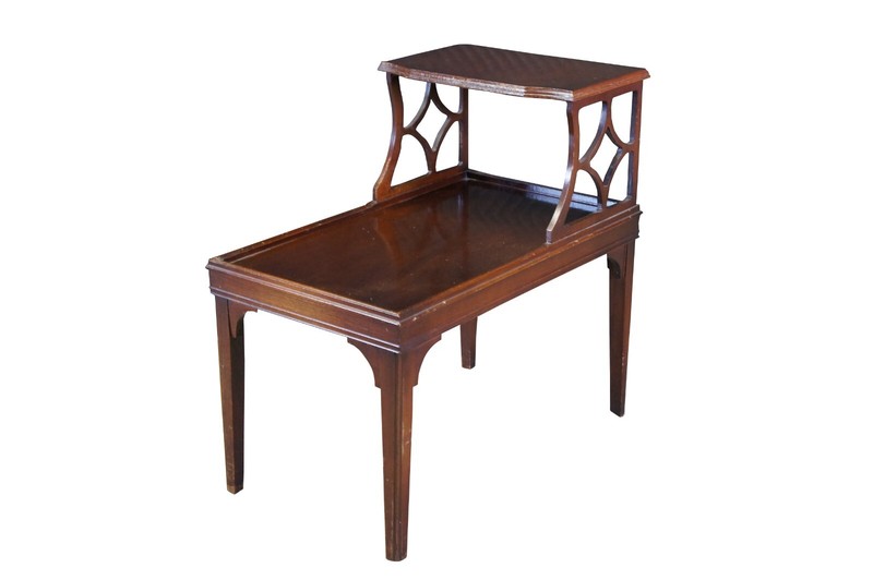 Mid Century Mahogany 2 Tiered Fretwork End Side Accent Table 26″