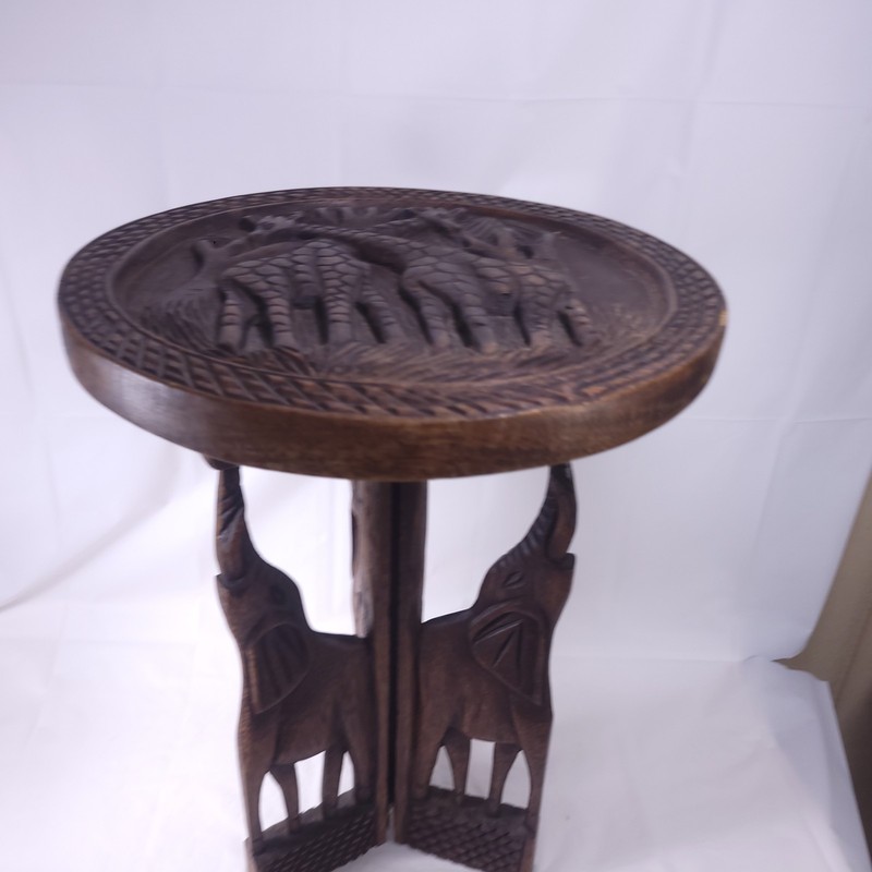 Vintage Hand Carved African Giraffe Table Elephant Folding Legs Small Table READ gallery