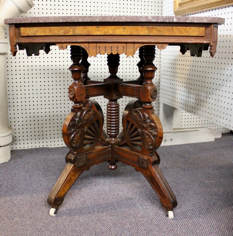 Eastlake Marble Top Table Walnut + Burl. Geometric + Foliate + Fan Carvings 1887