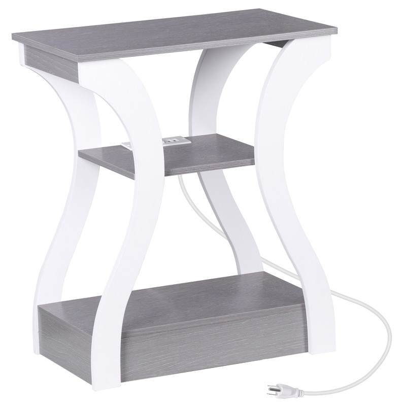 Set of 2 End Tables 3 Tier Nightstand for Bedroom w/Charging Station Grey+White gallery