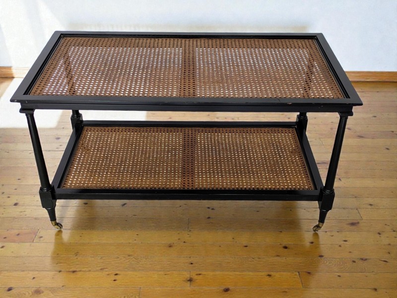 Vintage British Colonial Style Two-Tier Caned Coffee Table