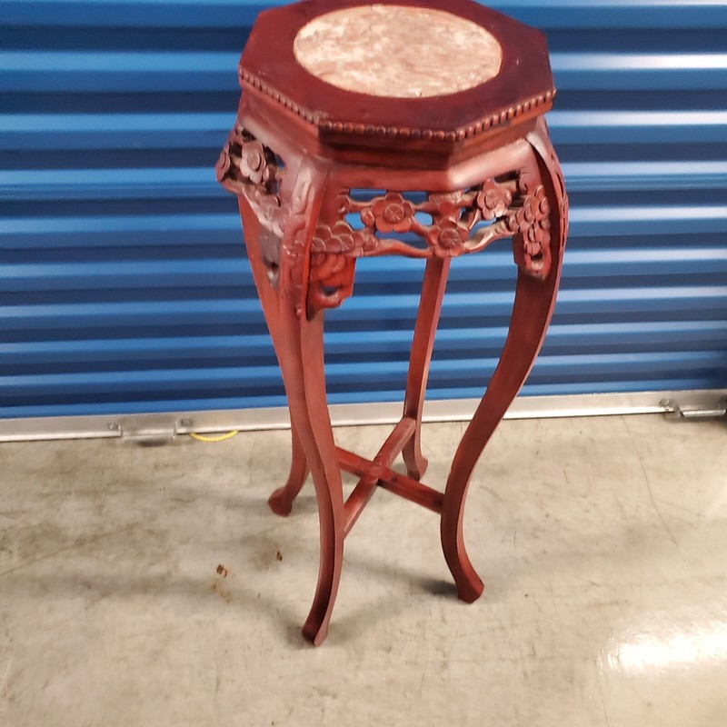 Vintage Chinese Rosewood With Marble Top Plant Stand Side Table Pedestal Carved