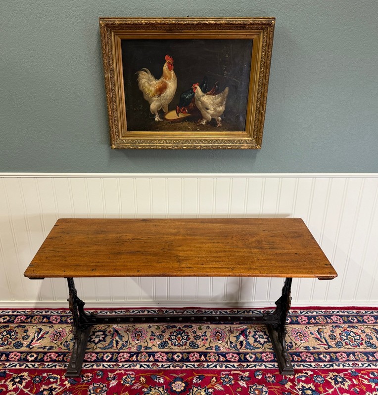 Antique English Bakers Table Sofa Entry Hall Kitchen Island with Cast Iron Base gallery
