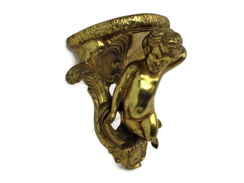 Ornate Wall Mounted Putti Console Shelf Rack Gold Gilded Hollywood Regency Corbe