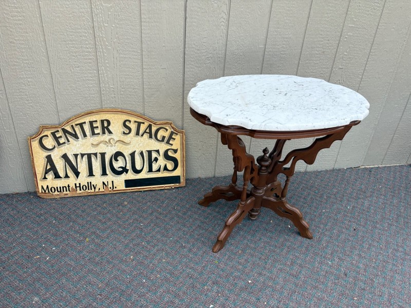 67776 Victorian Marble Top Side Table with Ornate Wooden Base