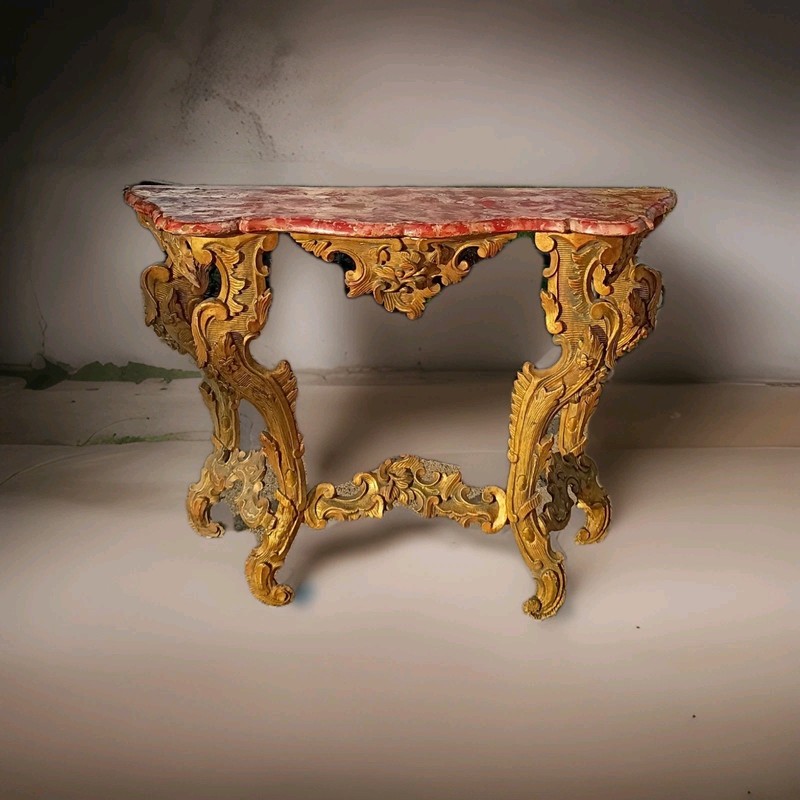 18th C Italian Venetian Roman Rococo Faux Red Marble Giltwood Console table 57″