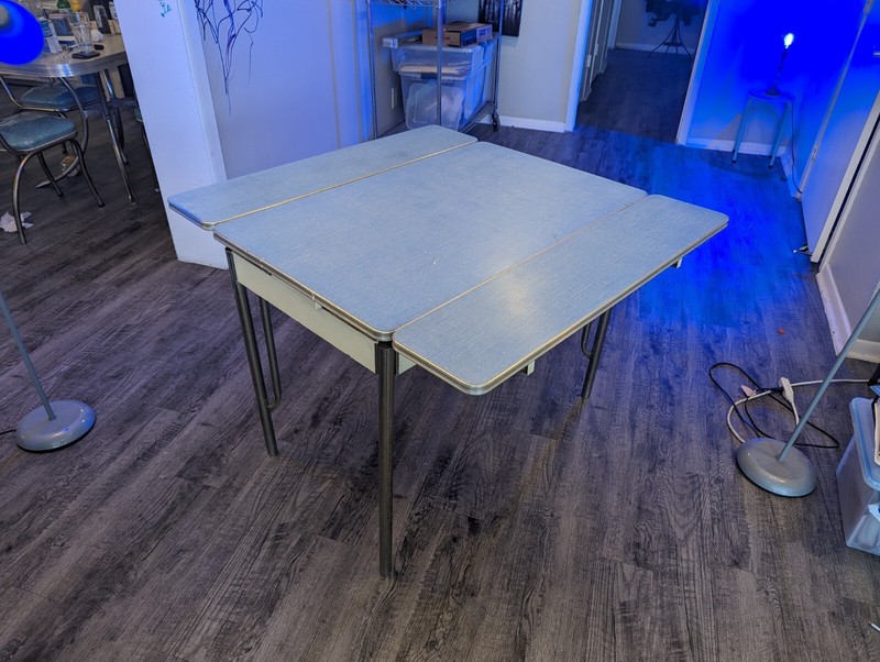 Vintage Blue Formica Table Pull Out Leaves And Chrome Edges And Utensil Drawer gallery