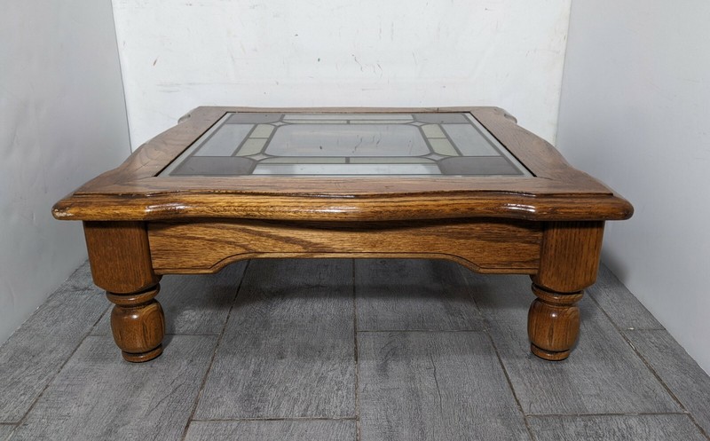 Vintage Rustic Short Oak Wood Stained Glass Table Plant Stand French Boho Chic gallery
