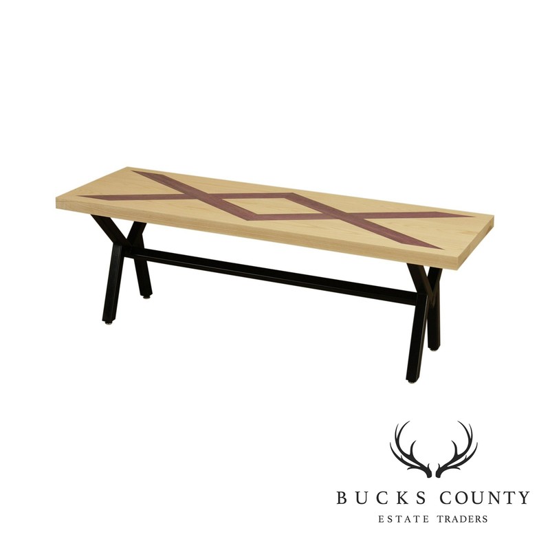 Postmodern Studio Crafted Oak Purple Parquet Inlaid X Iron Base Coffee Table