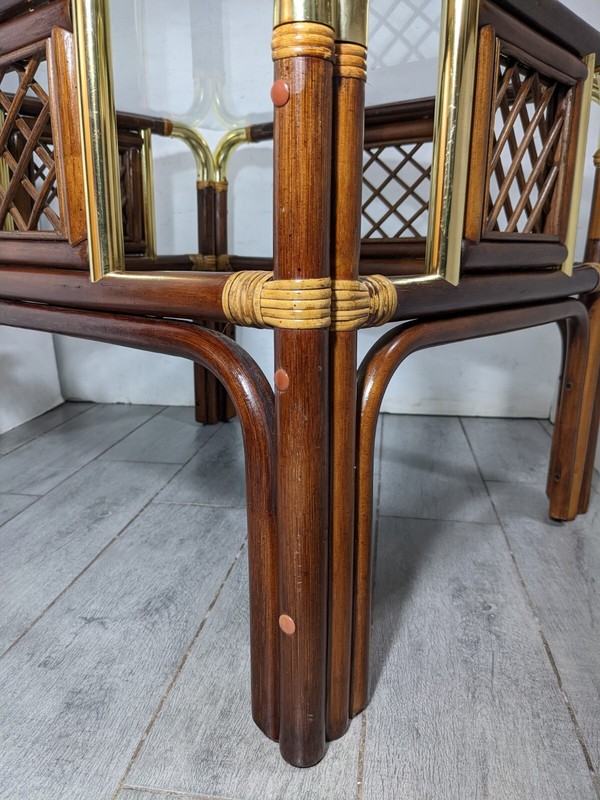 Vintage MCM Boho Hollywood Regency Bent Bamboo Asian End Table with Glass Top A gallery