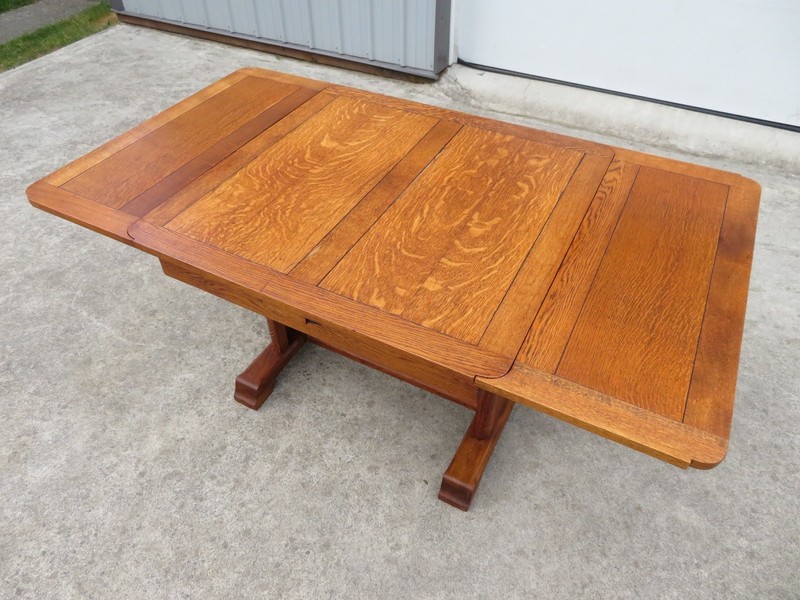 Vtg OAK DRAW LEAF DINING TABLE Nautical SHIP BOAT CARVING Mission ARTS & CRAFTS gallery