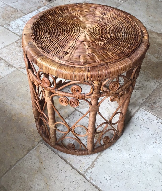 Vtg Rattan Round Stool or End Table or Plant Stand Boho, Scroll Filigree Details