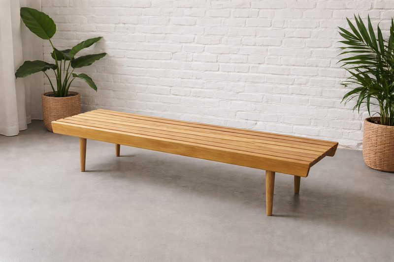 Mid Century Modern styled HANDMADE Oak Slat Bench | Long Coffee Table gallery