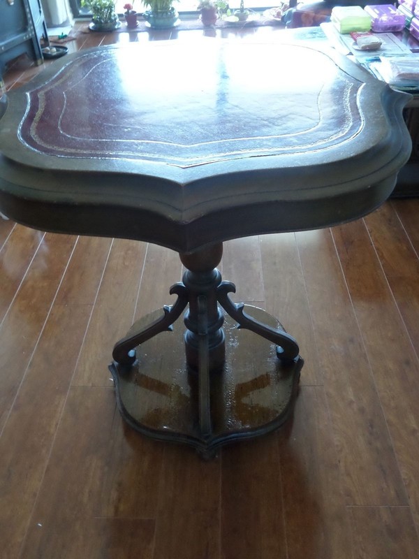 Mahogany Art Deco Table with Red Brown Gold Embossed Leather Top gallery